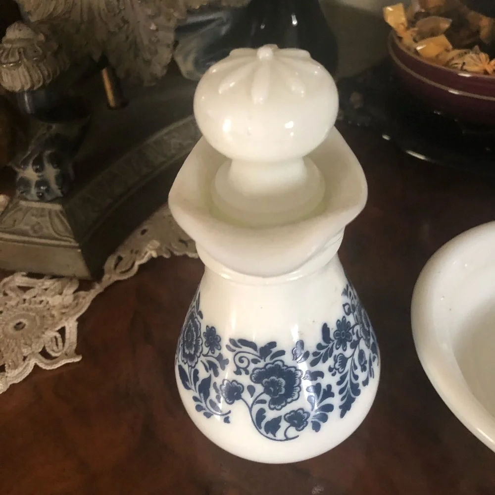 Vintage White & Blue Milk Glass Pitcher & Bowl